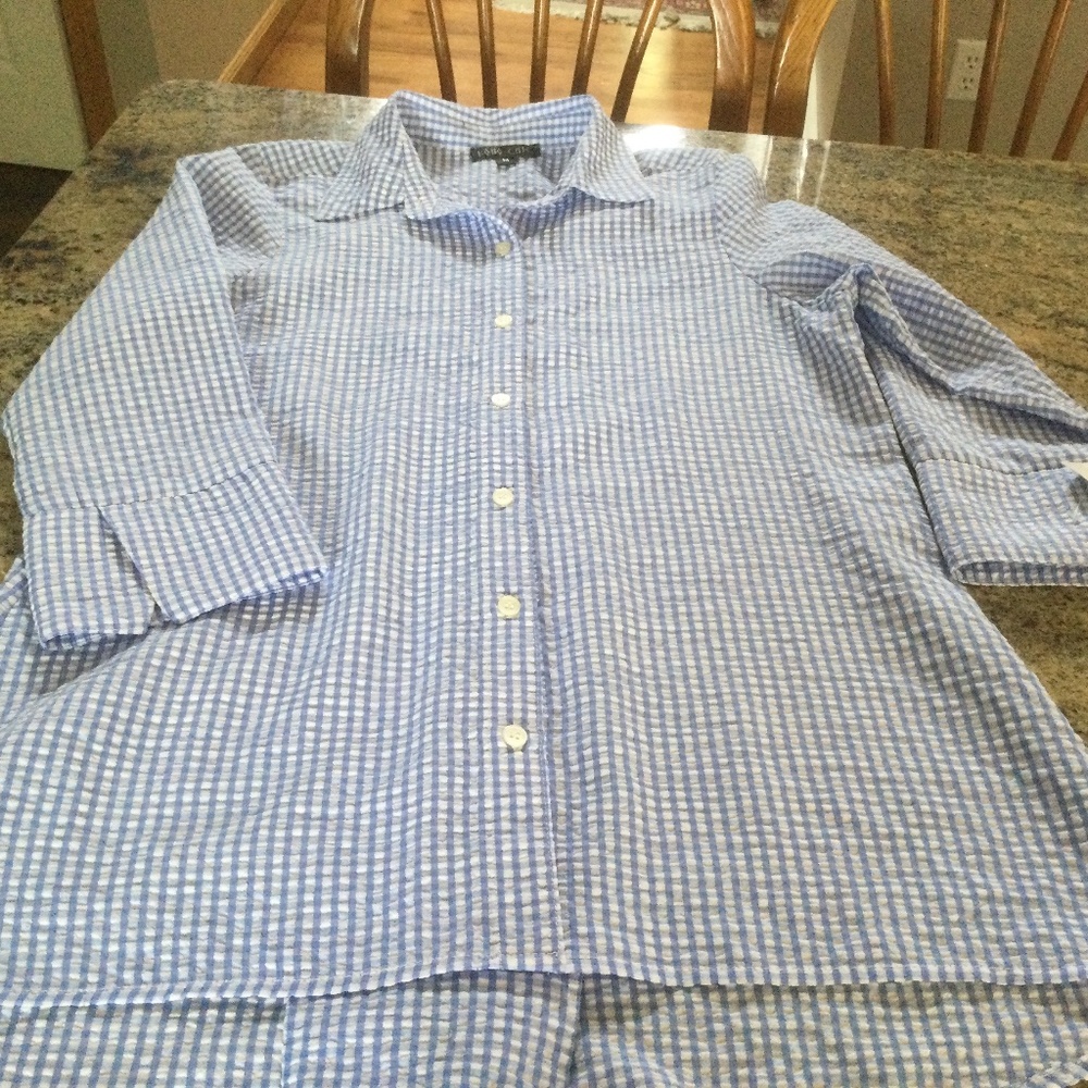 Women's Boho Chic Blue & White checked Gingham 3/4 sleeve Blouse  size Med